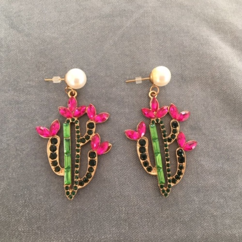 Cactus flower succulent rhinestone pearl earrings